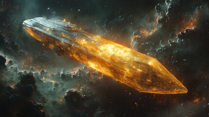 Obraz premium golden crystal spaceship surrounded by a fiery nebula emits an intense light in deep space