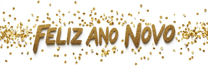 The image is a gold and white design with the words "Feliz Ano Novo" written in gold letters.