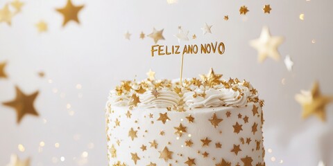 A cake with gold stars and the words Feliz ano novos on it