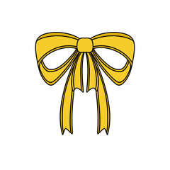 A yellow ribbon with a gold bow is drawn on a white background