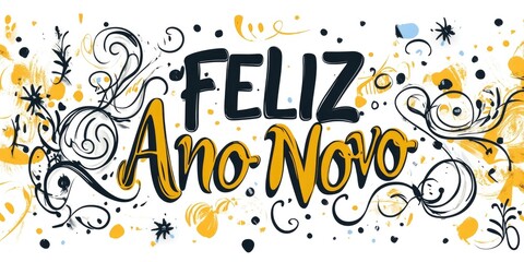 Sticker design of the word FELIZ Ano Novo on a white background, with yellow and black cursive lettering, leaves pattern around it