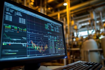 Naklejka premium Computer screen displays stock market data; graphs and numbers show financial trends. Illustrates online trading, market analysis, and investment strategies.