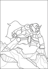 Children's coloring book with a black and white outline robot theme.