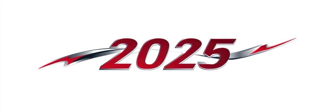 New Year concept, abstract shape of text 2025 in red and silver color against a white background