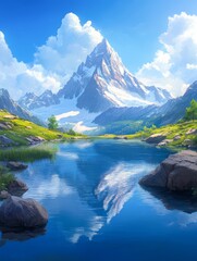 Fototapeta premium Breathtaking mountain landscape reflected in a serene lake, surrounded by lush greenery and deep blue skies, Perfect for travel blogs, nature documentaries, or as a calming wall art piece,