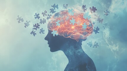 Conceptual human brain silhouette visualization medical neurological memory loss Alzheimer puzzle piece fading cognitive psychological health research concept