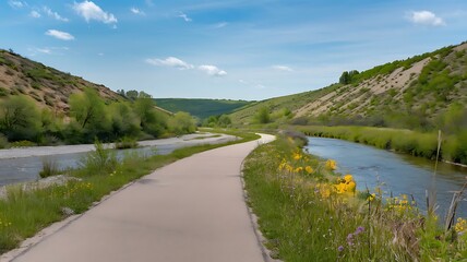 Fototapeta premium A scenic paved bike path winding through a serene valley, bordered by a gently flowing river and vibrant wildflowers in full bloom, under a clear blue sky with distant rolling hills