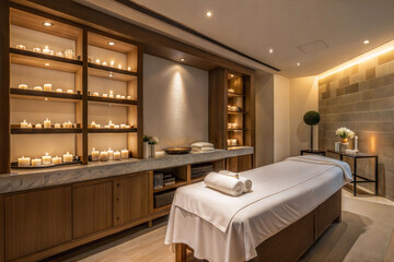 Fototapeta premium Luxury Spa Room with Relaxing Candlelight Atmosphere
