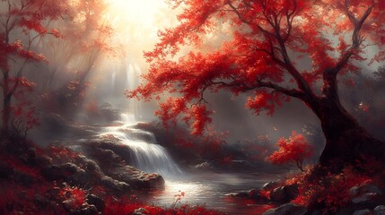Fototapeta premium A serene autumn landscape featuring vibrant red leaves and a gentle waterfall.