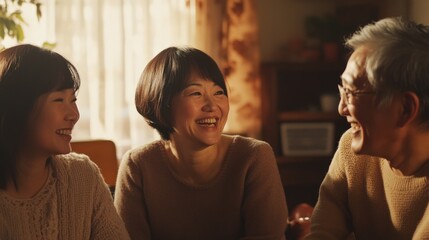Naklejka premium Multigenerational family sharing laughter in a cozy home with natural lighting, captured in 8k resolution for advertising campaigns