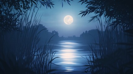 A serene moonlit river scene surrounded by tall grasses, evoking tranquility and nature's beauty.