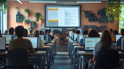 Students engaged in a modern classroom filled with technology and collaboration.