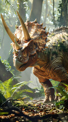 Immerse yourself in the breathtaking view of a magnificent triceratops in a vibrant jungle, illuminated by gentle sunlight, showcasing the grandeur of prehistoric beings