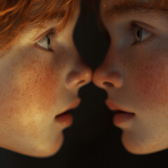 Obraz premium close up two adult female twins side view looking at each other cinematic lifghting .