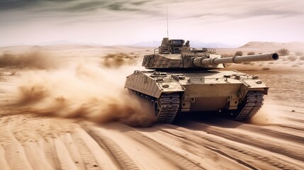 Military Tank Maneuvering Through Dusty Desert Landscape