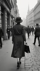Elegant Woman Walking Through Vintage Paris Street in 1950s