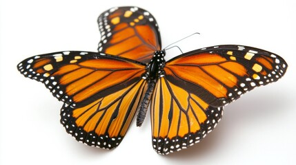 Fototapeta premium Delicate Monarch butterflies showcase their vibrant orange and black wings, fluttering freely in a serene setting with white surroundings