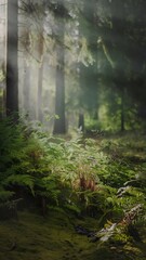 Fototapeta premium Sunlight filtering through dense forest canopy, illuminating the lush green undergrowth, creating a serene and mystical atmosphere. 