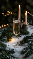 Glistening champagne flute beside candles and evergreen branches