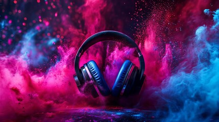 Headphones surrounded by vibrant color powder explosion at a creative music festival celebration

