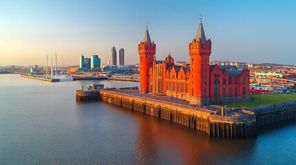 Obraz premium Stunning view of the red castle at dusk by the waterfront.