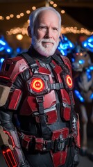 Elderly hero in a futuristic costume with glowing details