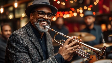 Obraz premium Smiling Black man with glasses playing the trumpet at a lively jazz venue.