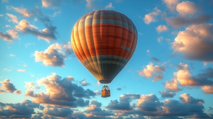Fototapeta premium A colorful hot air balloon soaring through a vibrant sky at sunset.