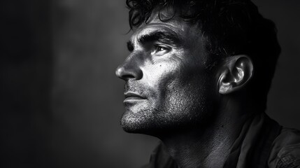 A dramatic black and white portrait of a man