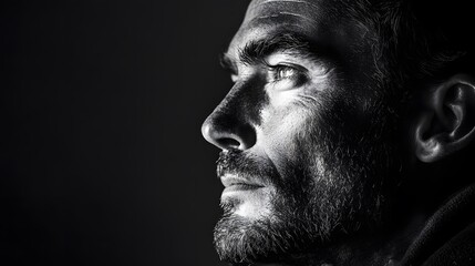 A dramatic black and white portrait of a man