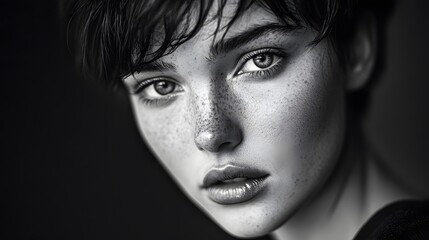 A close-up black and white portrait of a young woman