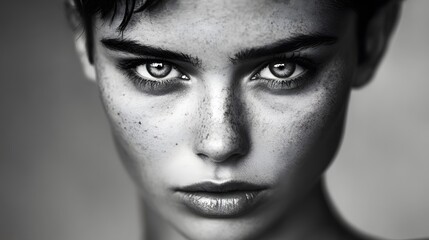 Fototapeta premium A close-up black and white portrait of a young woman