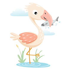 A playful flamingo holding a fish in its beak while standing on one leg in a whimsical, colorful cartoon illustration, vector illustration.