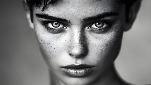 A close-up black and white portrait of a young woman