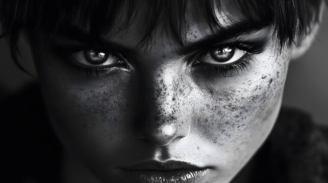 Fototapeta A close-up black and white portrait of a young woman