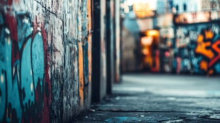 Fototapeta premium Urban graffiti art in a gritty city neighborhood with blurred background and ample copy space
