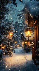 Enchanting winter path with lanterns in a snowy village