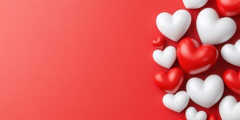 Colorful Hearts Arrangement on Vibrant Red Background for Love Themes