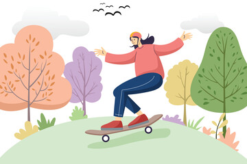 A young woman in casual attire skateboards in a vibrant park surrounded by colorful autumn trees and clouds, vector illustration.