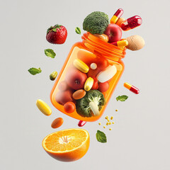 a orange pill bottle laying over with fruit and veggies coming out of