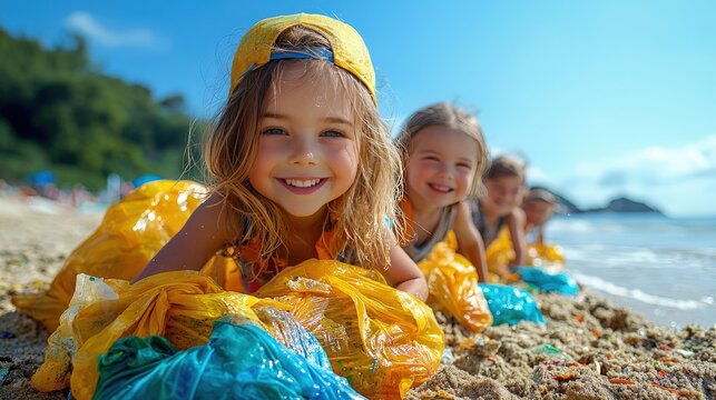 Children engage in a joyful beach clean-up, making a difference while enjoying the sun and sand during community service day