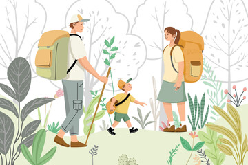 A family hiking through a forest trail surrounded by greenery and trees, enjoying nature and adventure, vector illustration.