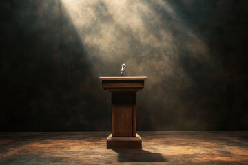 Wooden podium with microphone under spotlight; ideal for presentations, speeches, or announcements. Shows authority, formality, and public speaking.