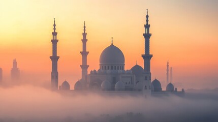 A mosque at dawn, surrounded by mist, with soft pastel hues in the sky 