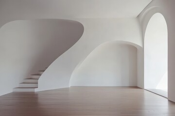 Naklejka premium Modern minimalist interior with curved staircase. Perfect for architecture, design, or real estate projects.