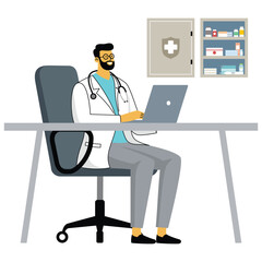 Vector illustration of a doctor sitting at a desk with a laptop in a medical office, emphasizing healthcare and technology.
