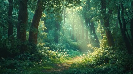 Obraz premium Enchanted Forest Path: A Sunlit Walk Through Lush Greenery
