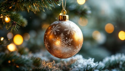Golden Christmas Ornament Hanging On Tree With Festive Lights

