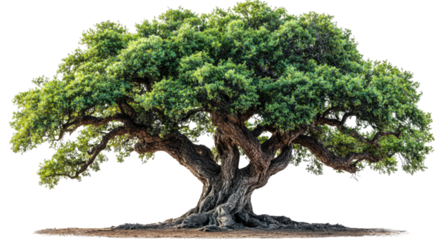 Isolated tree on white background with nature elements like grass, branches, and leaves