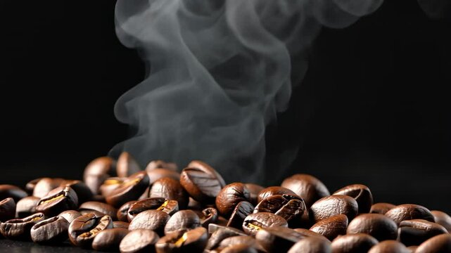 Aromatic Coffee Beans with Steam Rising in Dark Background for Beverage and Caf&eacute; Concepts